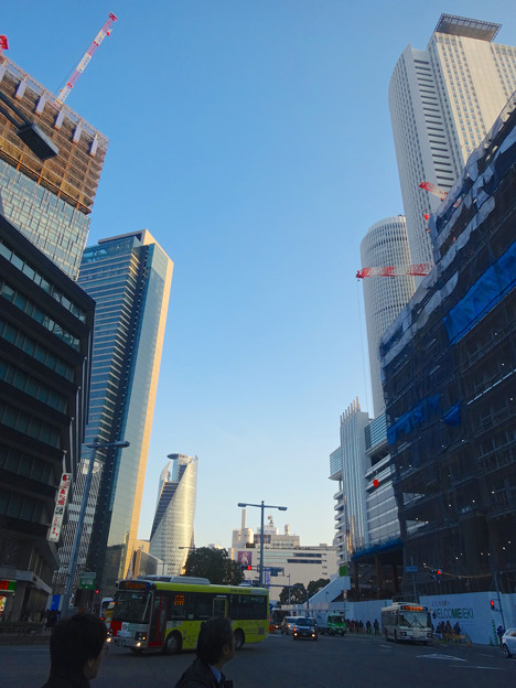 夕暮れ時、名駅でビル群を見上げる